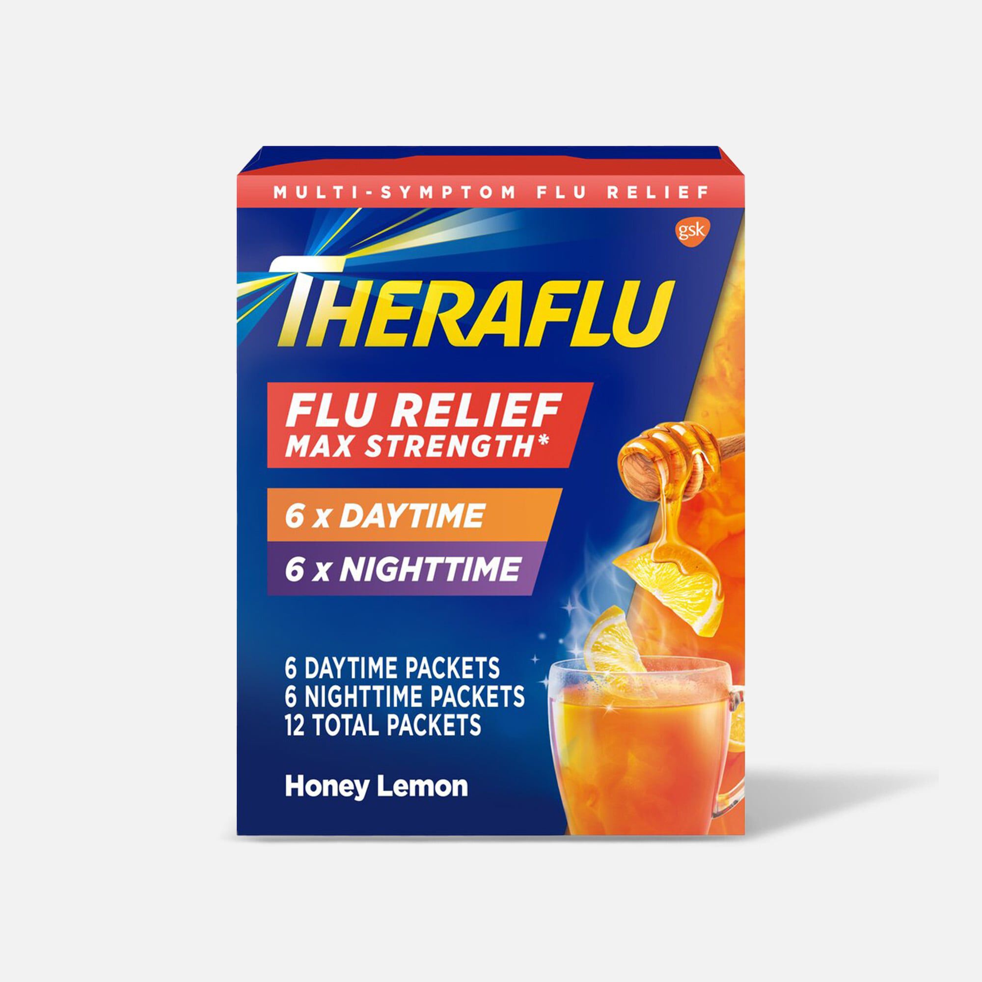 Theraflu Multi-Symptom Flu Relief Max Strength Day & Night Powder, Honey Lemon, 12 ct., , large