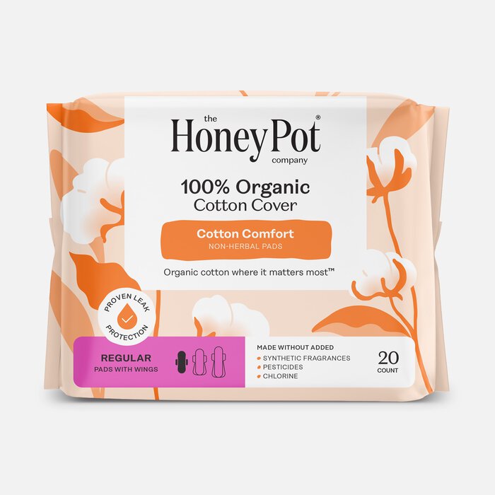 The Honey Pot 100% Organic Top Sheet Regular Non Herbal Menstrual Pads, 20 ct., , large