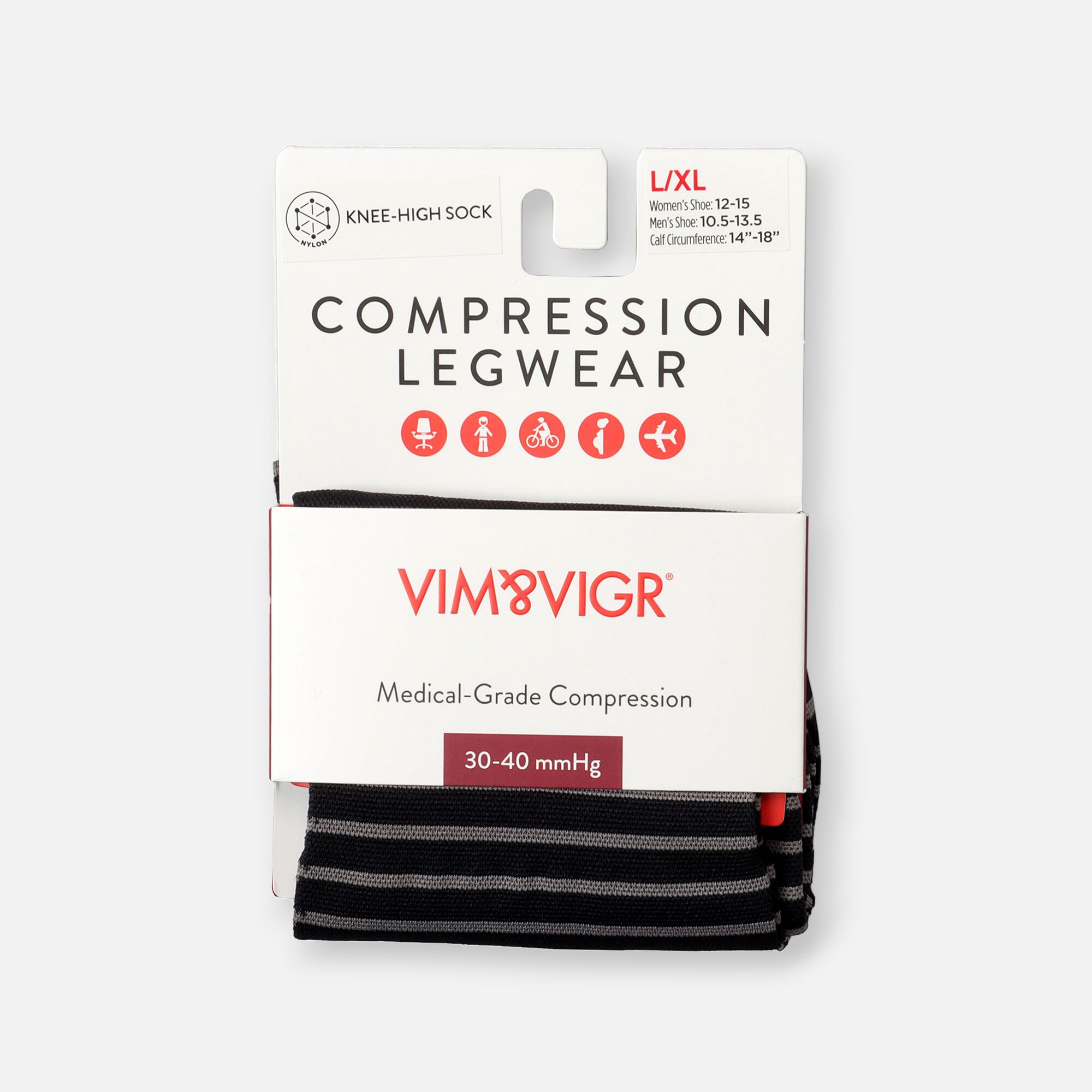 VIM & VIGR Nylon Compression Socks, Little Stripe Black & Gray, 30-40 mmHg, , large