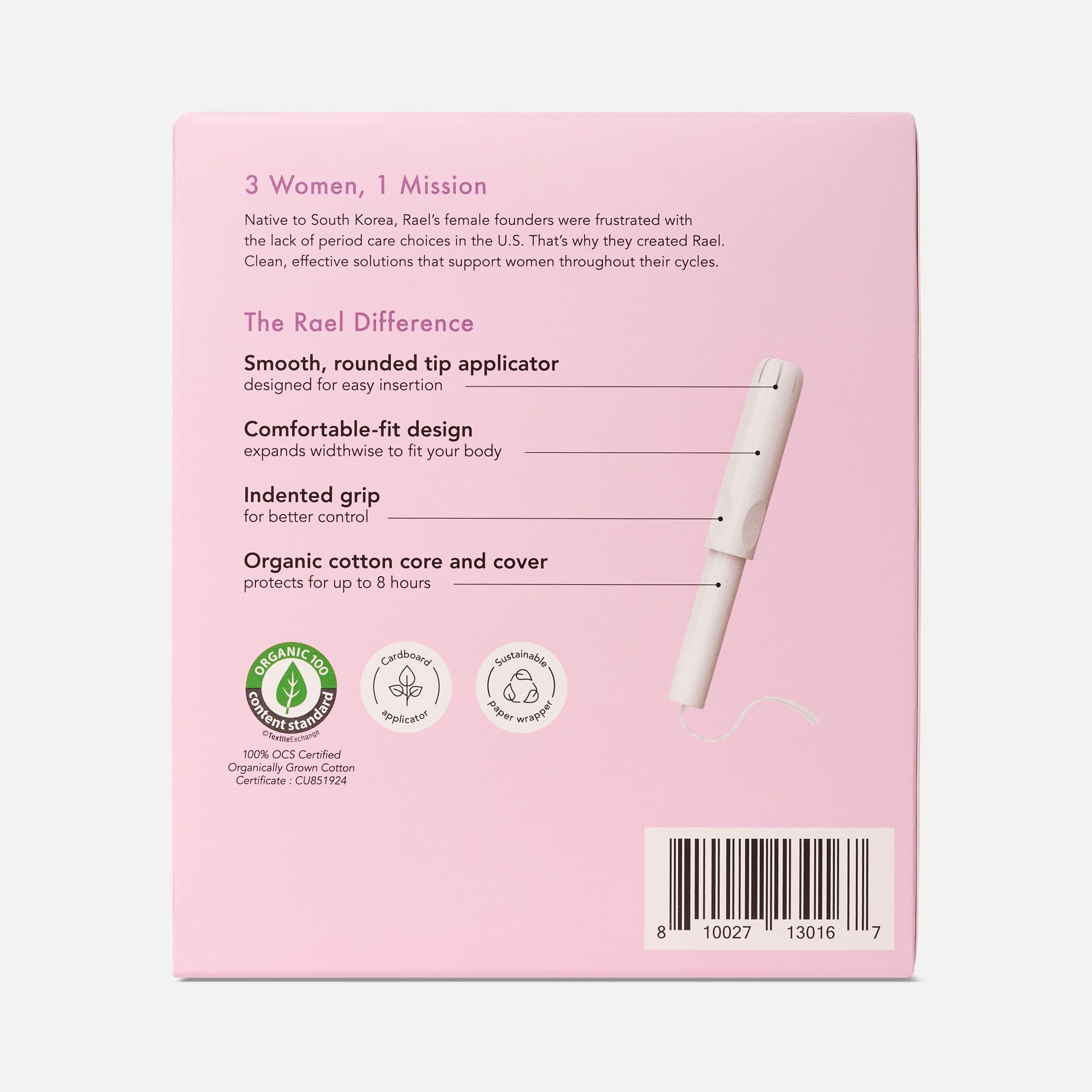 Rael Organic Cotton Core Tampons with Plant Based Compact Applicators, , large