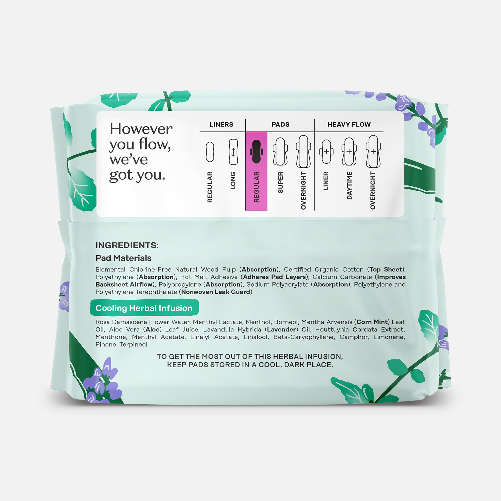 The Honey Pot 100% Organic Cotton Cover Regular Menstrual Pads with Wings, Herbal, 20 ct., , large