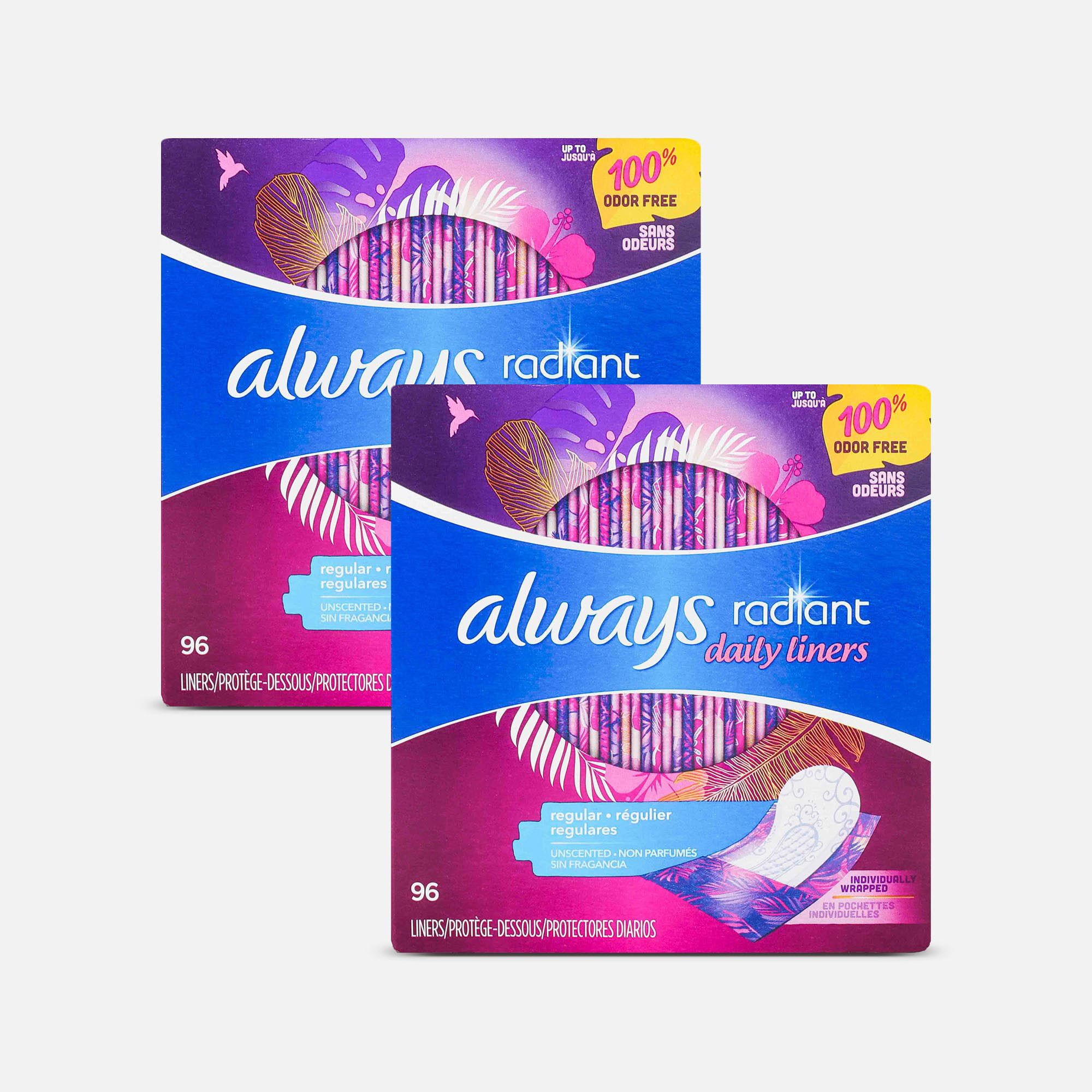 Always Radiant Daily Liners Regular Absorbency Unscented, 96 ct. (2-Pack), , large