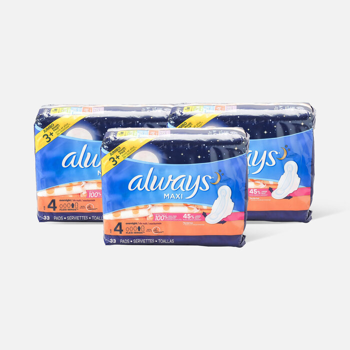 Always Maxi Pads Size 4 Overnight Absorbency Unscented with Wings, 33 ct. (3-Pack), , large