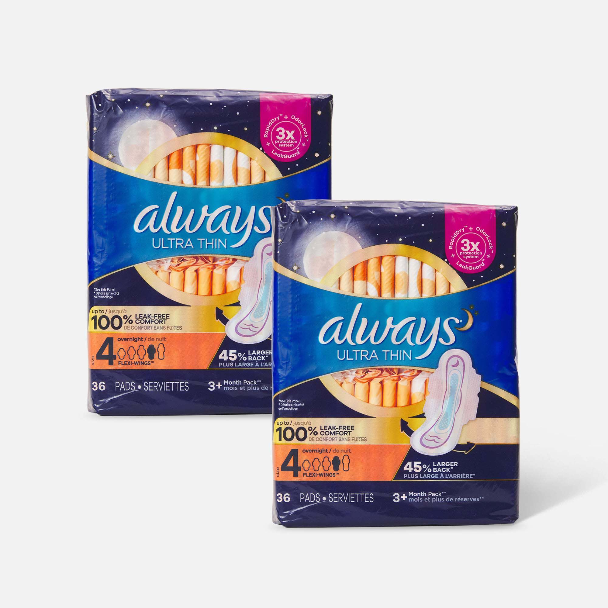 Always Ultra Thin Pads Overnight Absorbency Unscented with Wings, Size 4, 36 ct. (2-Pack), , large