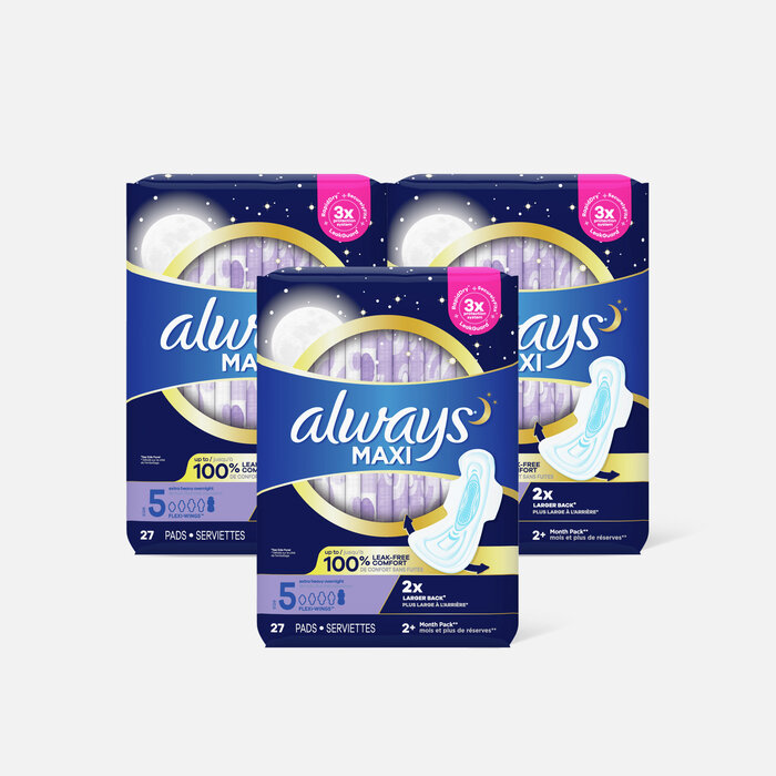 Always Maxi Pads Size 5 Overnight Absorbency Unscented with Wings, 27 ct. (3-Pack), , large