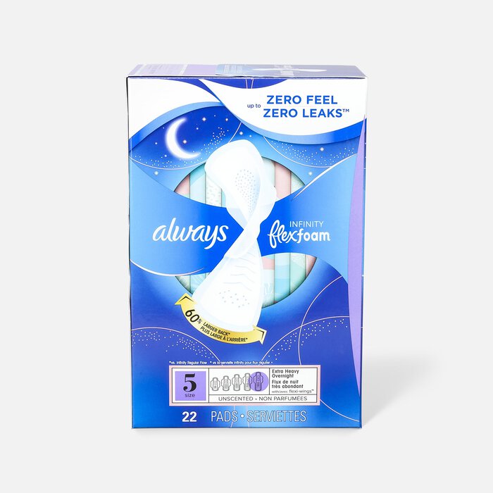 Always Infinity FlexFoam Pads for Women Size 5 Extra Heavy Overnight Absorbency, with Wings Unscented, 22 ct., , large