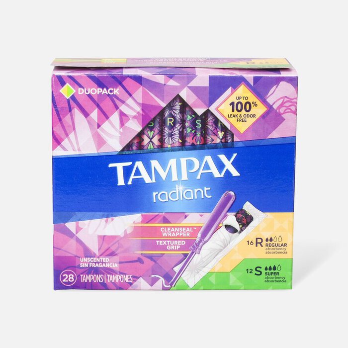 Tampax Radiant Tampons Duo Pack, Regular/Super Absorbency with BPA-Free Plastic Applicator and LeakGuard Braid, Unscented, 28 ct., , large
