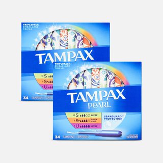 Tampax Pearl Tampons Trio Pack, Super/Super Plus/Ultra Absorbency with BPA-Free Plastic Applicator and LeakGuard Braid, Unscented, 34 ct. (2-Pack)