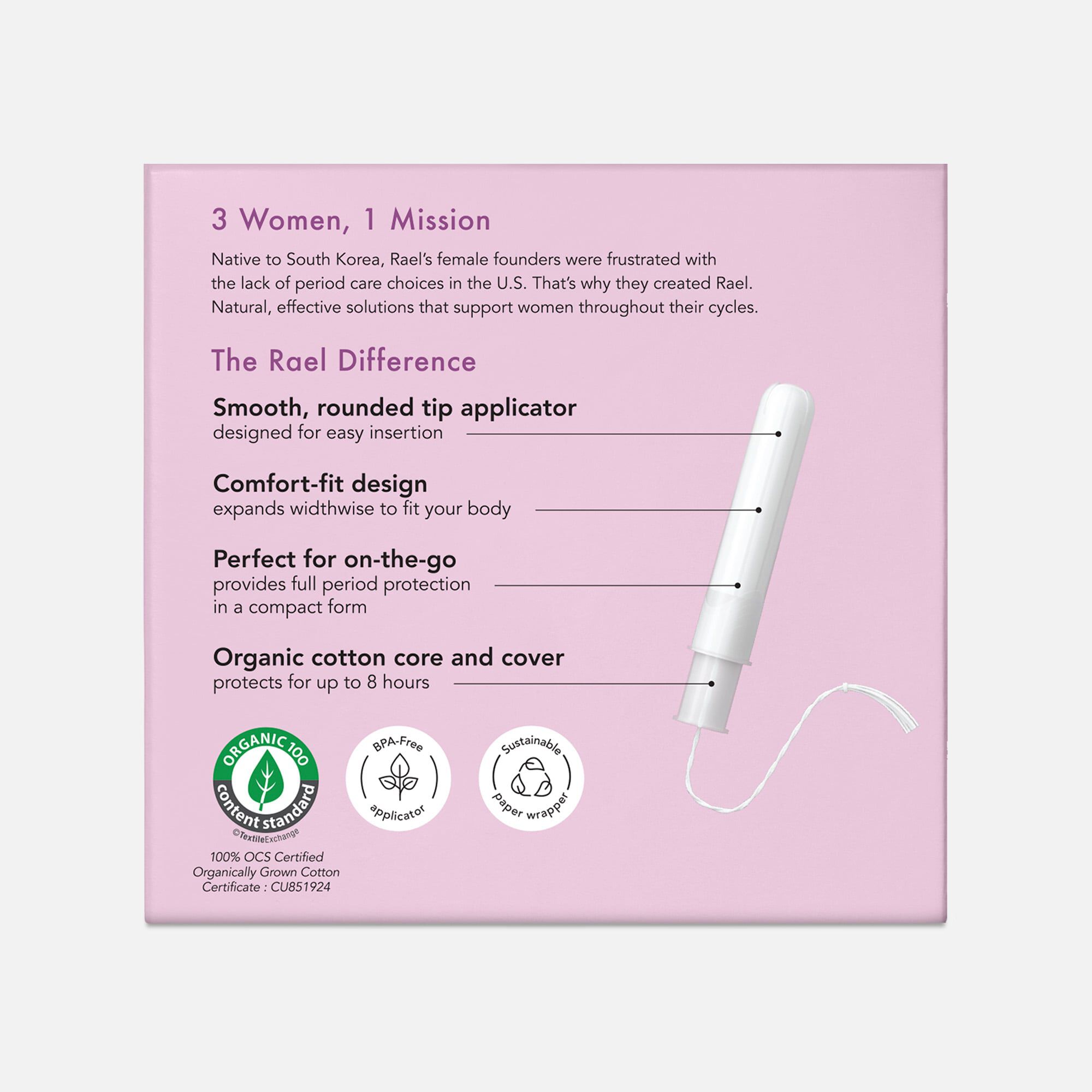 Rael Organic Cotton Core Tampons with Plant Based Compact Applicators - Regular, 18 ct., , large