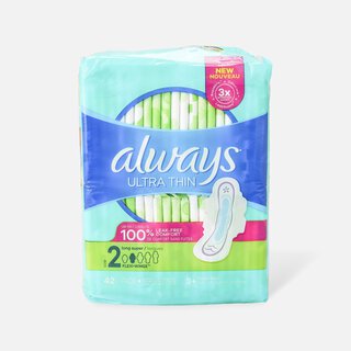 Always Ultra Thin Pads Long Super Absorbency Unscented with Wings, Size 2, 42 ct.