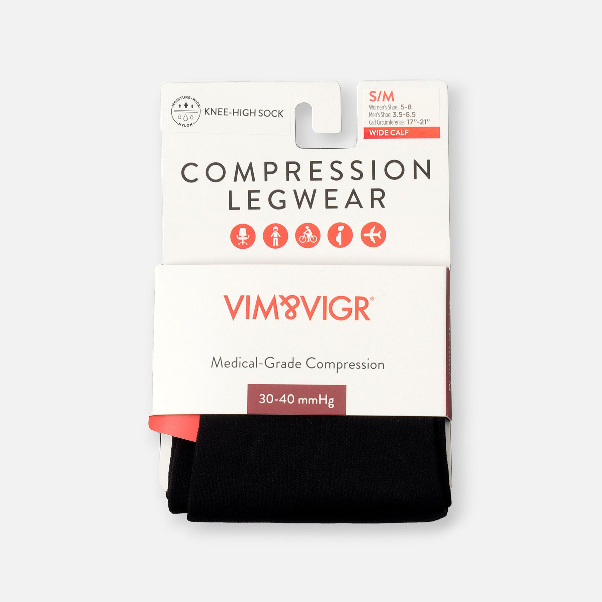VIM & VIGR Moisture-Wick Nylon Compression Socks, Solid Black, Wide Calf, 30-40 mmHg, , large