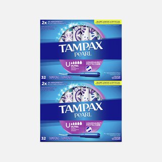 Tampax Pearl Tampons Ultra Absorbency with BPA-Free Plastic Applicator and LeakGuard Braid, Unscented, 32 ct. (2-Pack)
