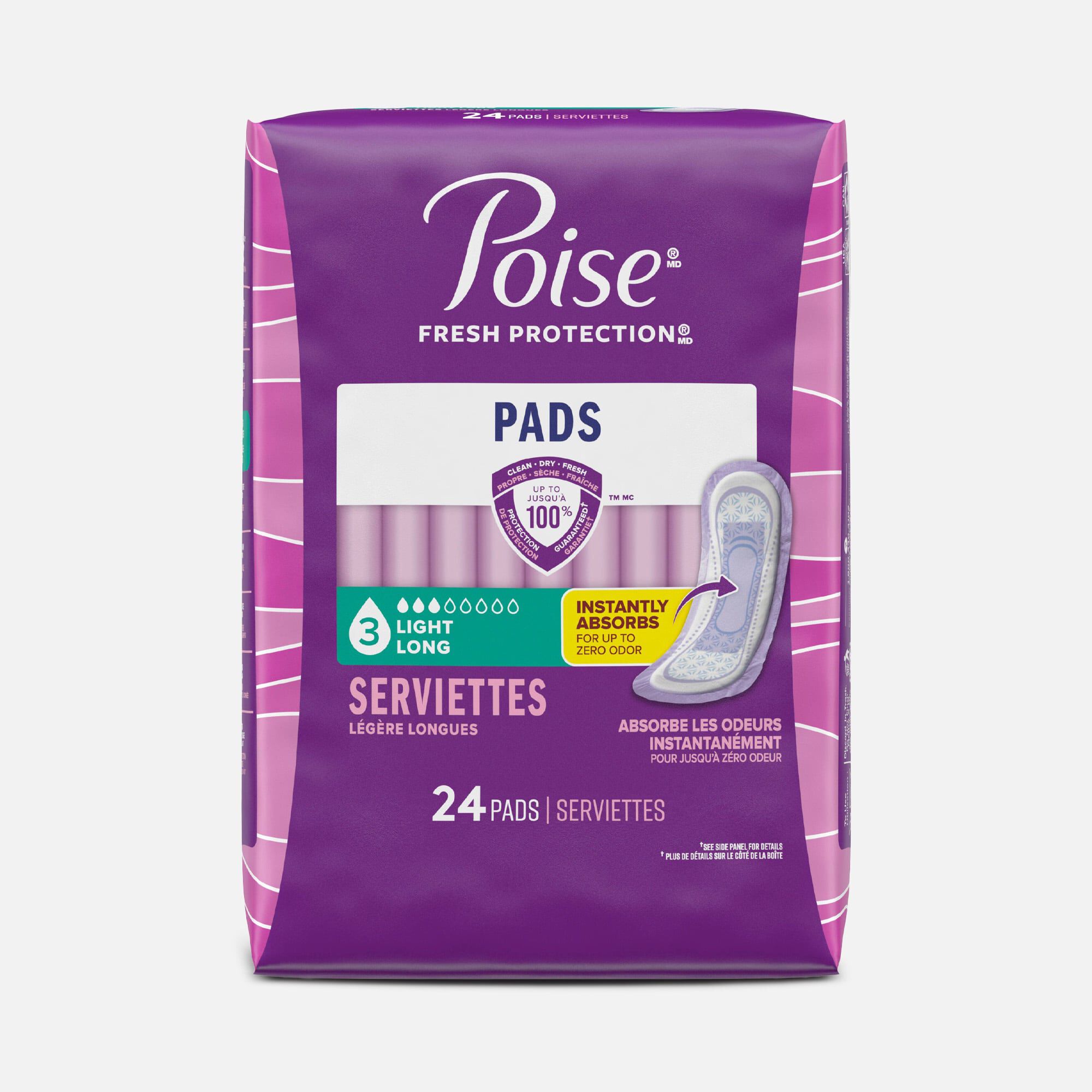 Poise Incontinence & Postpartum Pads for Bladder Leaks, 3 Drop Light Absorbency, Long Length, 24 ct., , large