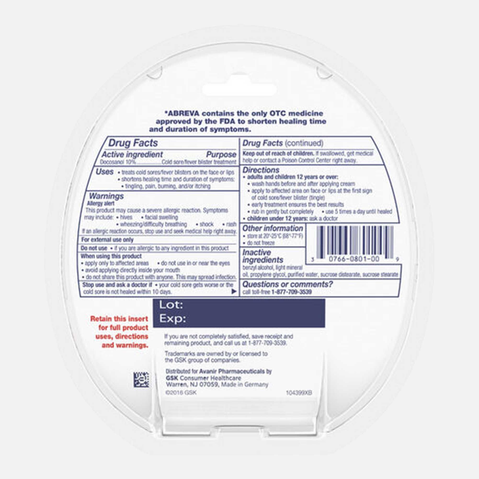Abreva, Docosanol 10% Cream Tube, Treatment for Cold Sore/Fever Blister, 2g, , large