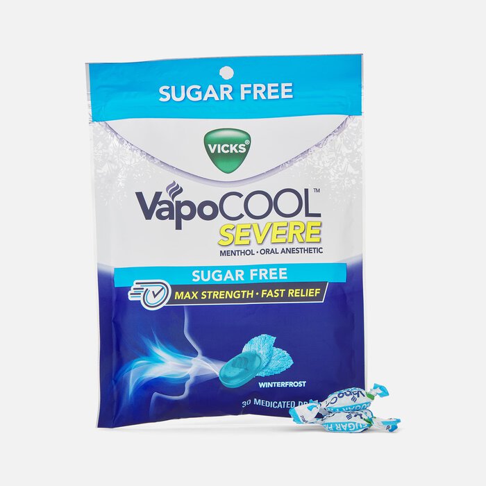 Vicks VapoCool Severe Sugar-Free Medicated Sore Throat Relief Drops, Winterfrost, 30 ct., , large