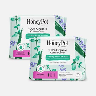 The Honey Pot 100% Organic Cotton Cover Regular Menstrual Pads with Wings, Herbal, 20 ct. (2-Pack)