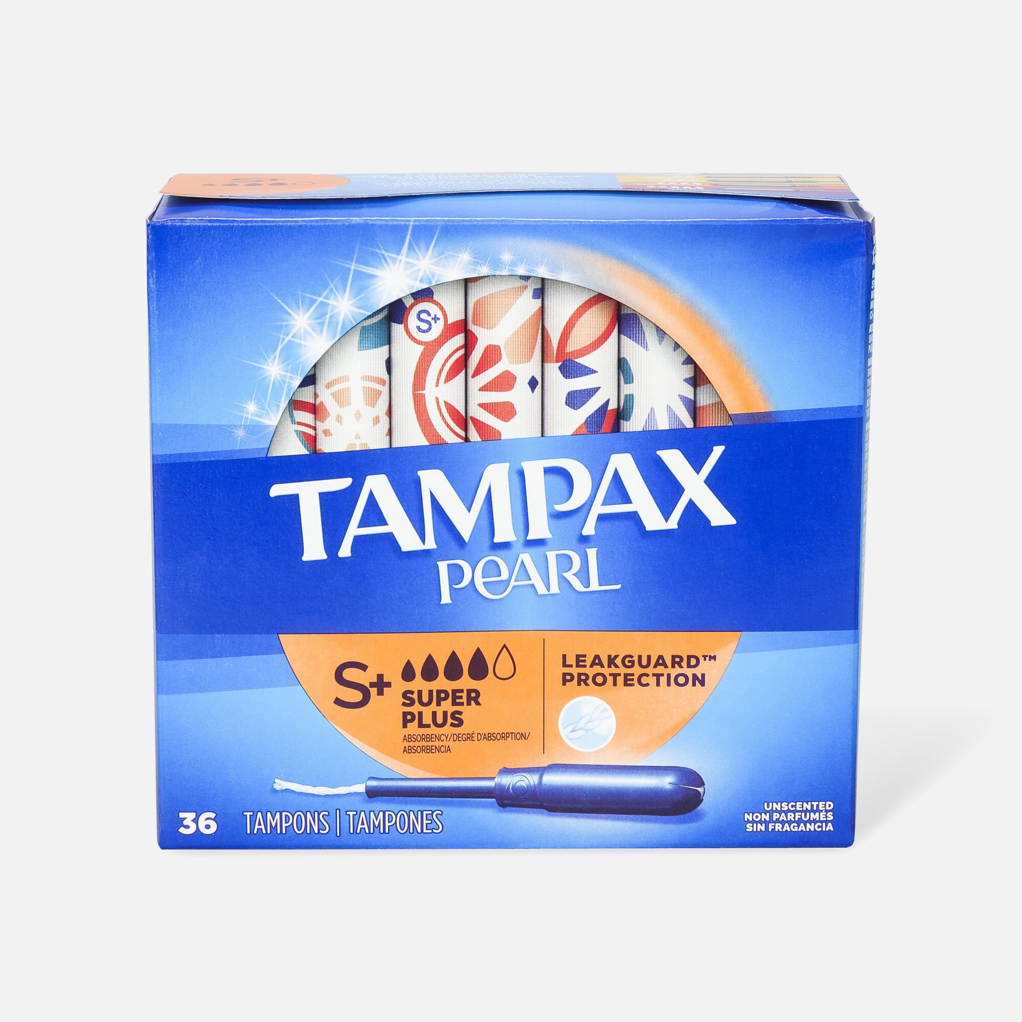 Tampax Pearl Tampons Super Plus Absorbency with BPA-Free Plastic Applicator and LeakGuard Braid, Unscented, 36 ct.