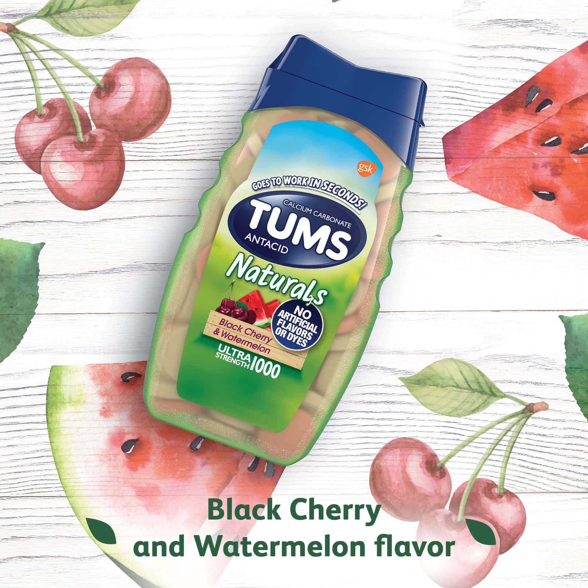 TUMS Naturals Ultra Strength Antacid Chews for Heartburn Relief, Black Cherry & Watermelon, 190 ct., , large