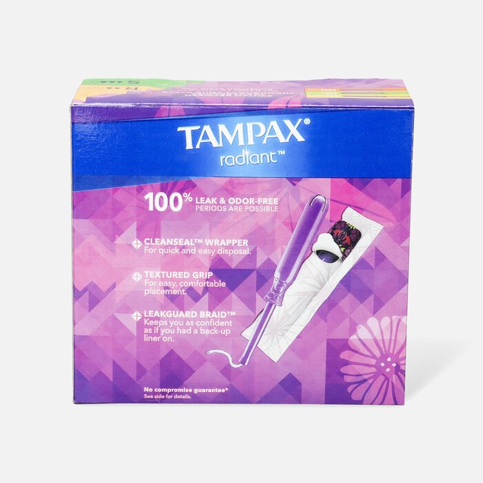 Tampax Radiant Tampons Duo Pack, Regular/Super Absorbency with BPA-Free Plastic Applicator and LeakGuard Braid, Unscented, 28 ct., , large