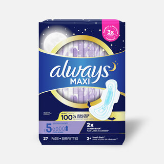 Always Maxi Pads Size 5 Overnight Absorbency Unscented with Wings, 27 ct.
