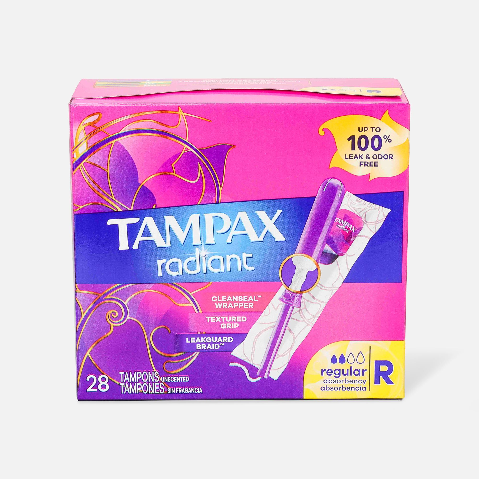 Tampax Radiant Tampons with BPA-Free Plastic Applicator and LeakGuard Braid, Unscented, 28 ct., , large