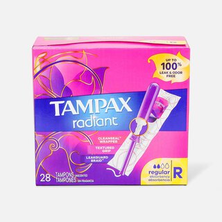Tampax Radiant Tampons Regular Absorbency with BPA-Free Plastic Applicator and LeakGuard Braid, Unscented, 28 ct.