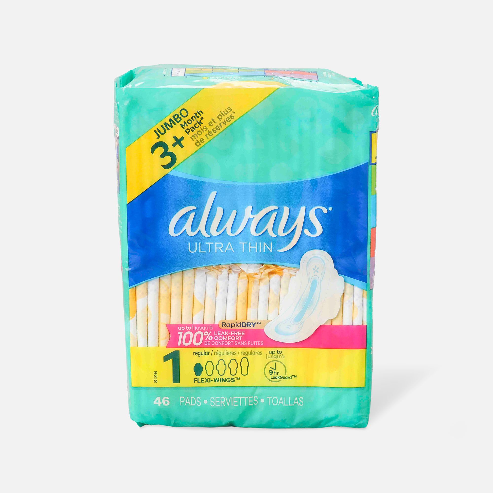 Always Ultra Thin Pads Regular Absorbency Unscented with Wings, Size 1, 46 ct., , large