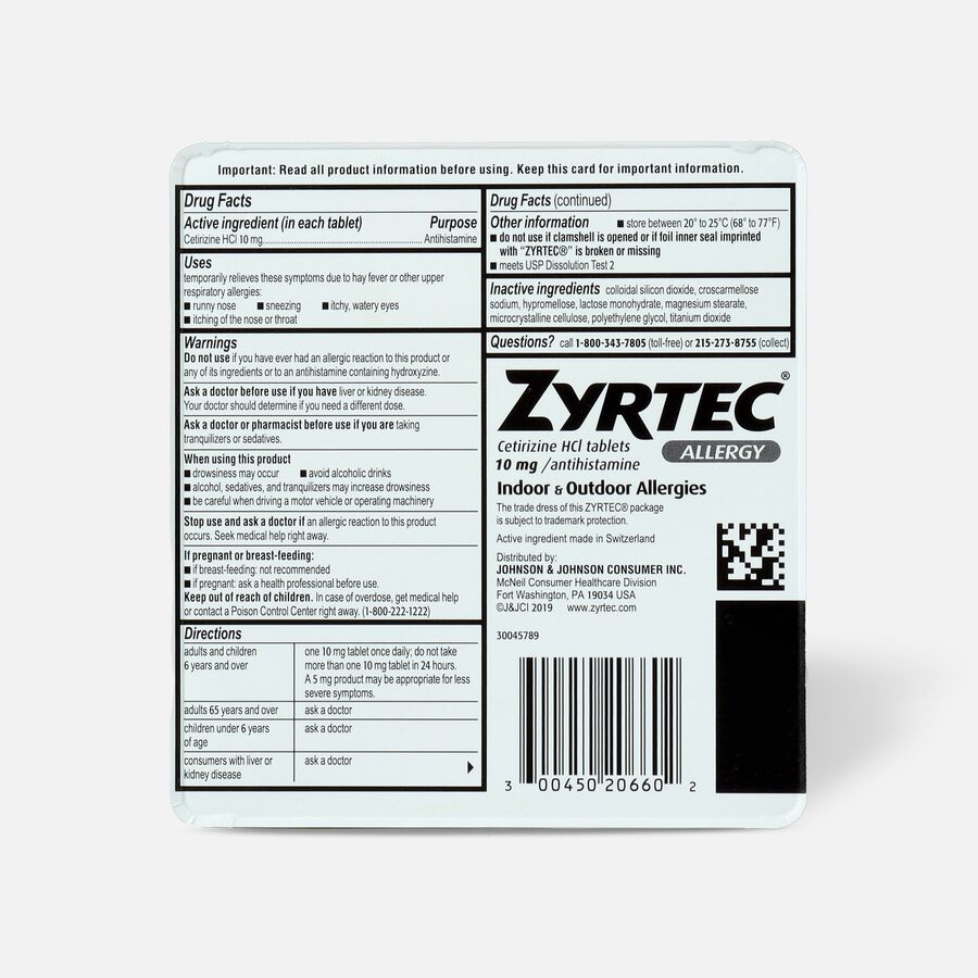 Zyrtec Adult Allergy Relief Tablets, 10mg, 60 ct. (2-Pack), , large image number 1