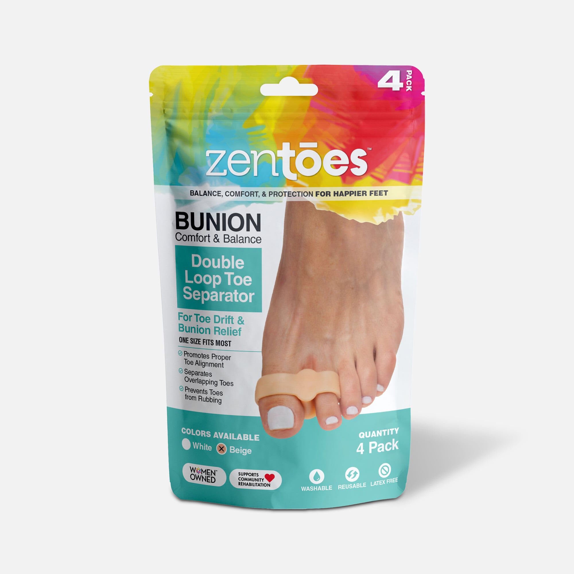 ZenToes Double Loop Toe Separator for Bunion Pain Relief - 4-Pack, Beige, large
