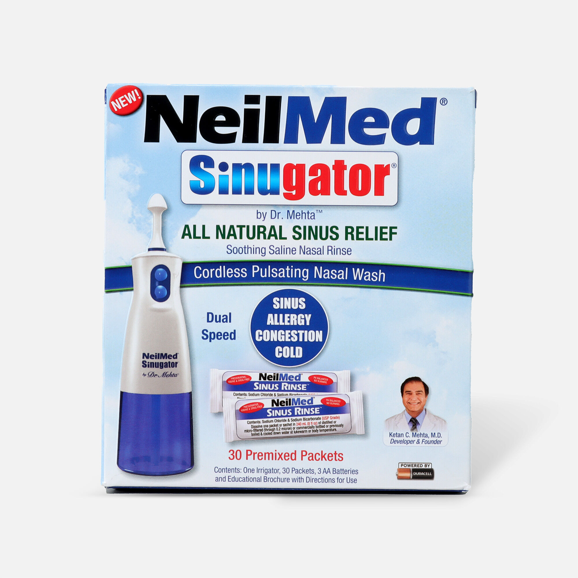NeilMed Sinugator Cordless Pulsating Nasal Wash with 30 Premixed Packets, 1 set, , large