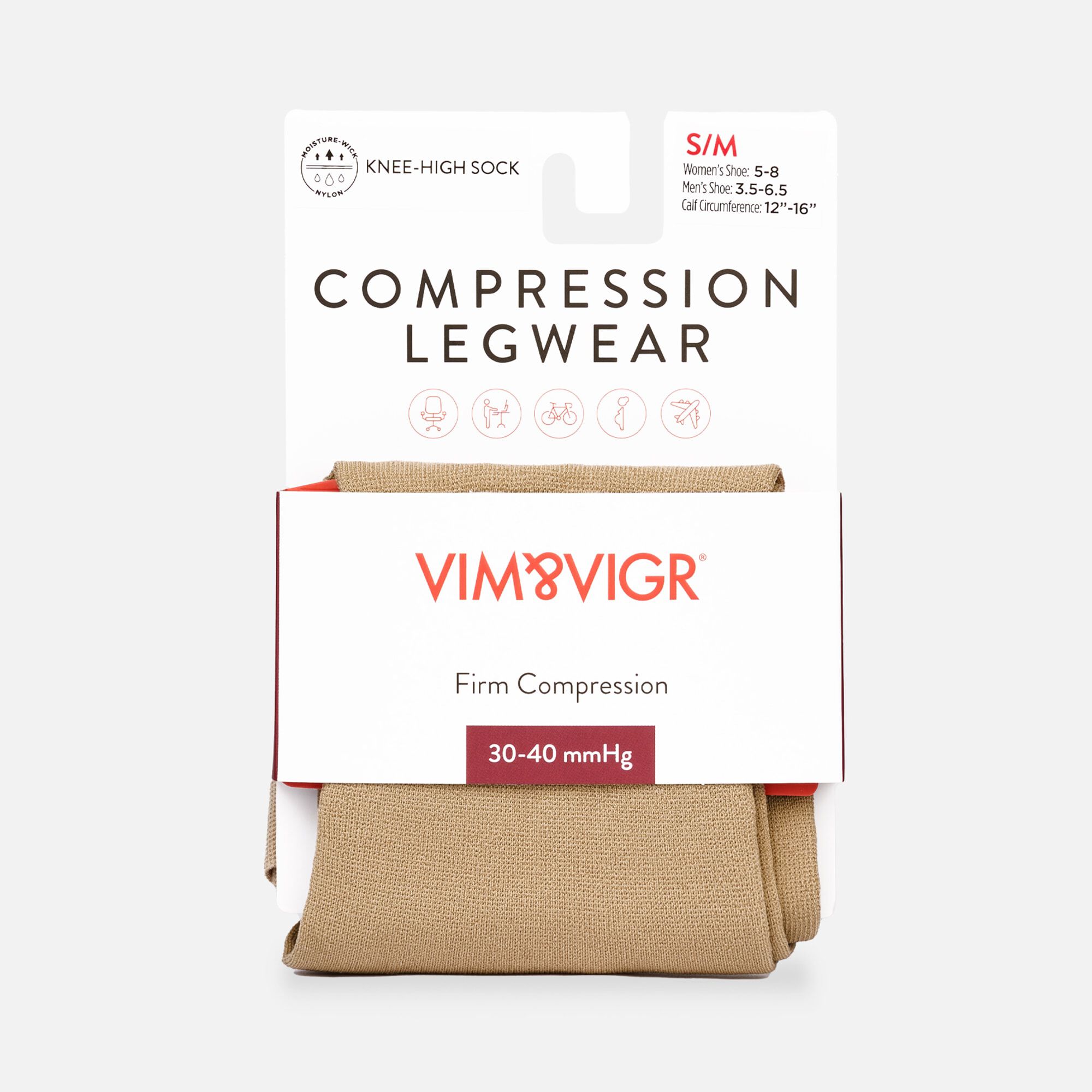 VIM & VIGR Solid Moisture-Wick Nylon Compression Socks, Cashew, 30-40 mmHg, , large