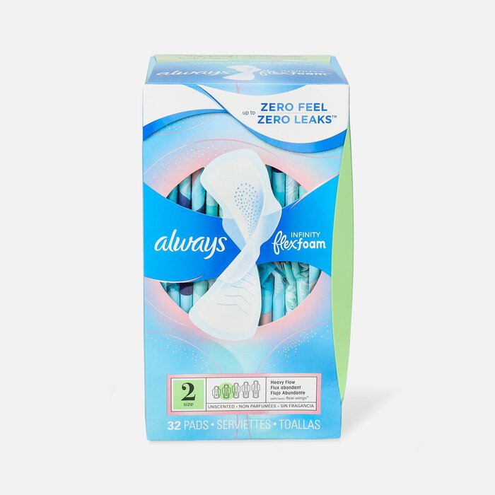 Always Infinity FlexFoam Pads for Women Size 2 Heavy Flow Absorbency, with Wings Unscented, 32 ct., , large