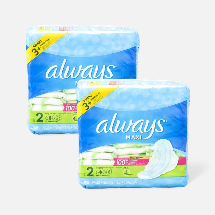 Always Maxi Pads Size 2 Long Super Absorbency Unscented with Wings, 42 ct. (2-Pack), , large