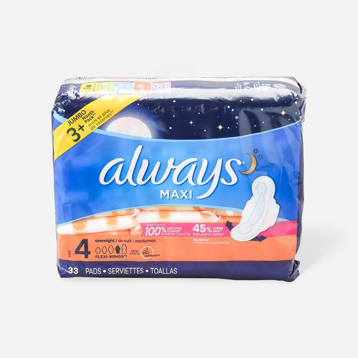 Always Maxi Pads Size 4 Overnight Absorbency Unscented with Wings, 33 ct., , large