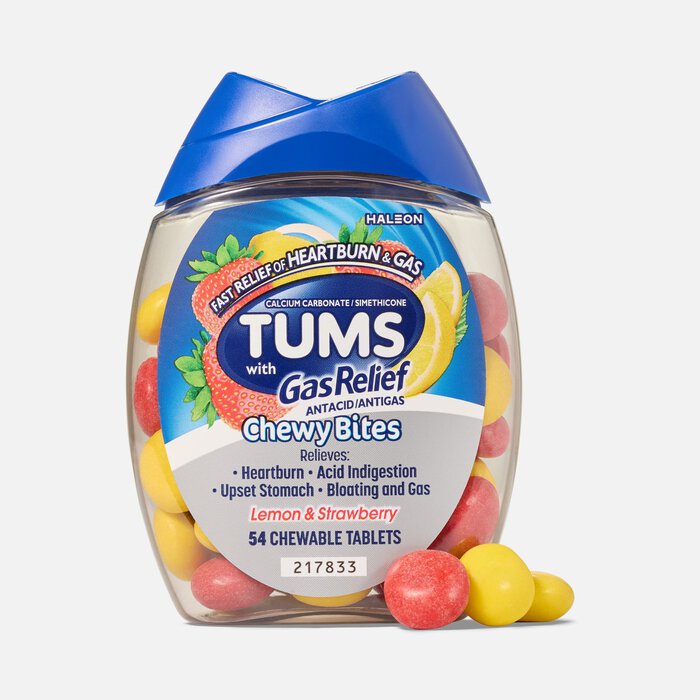 TUMS Chewy Bites Chewable Antacid Tablets with Gas Relief, Lemon & Strawberry, 54 ct., , large