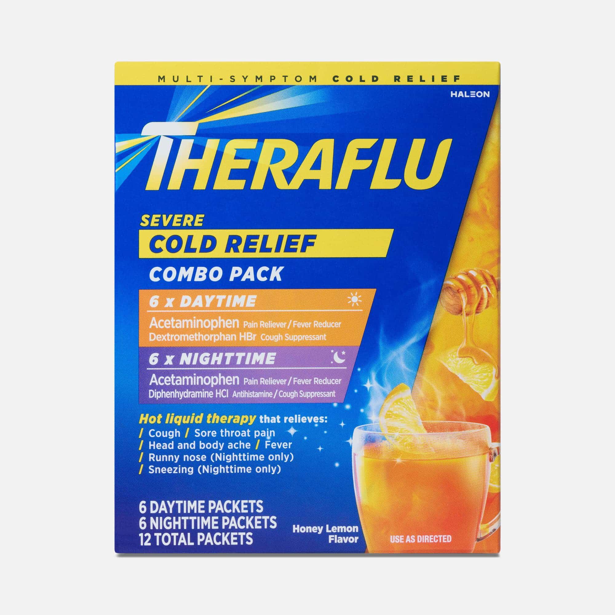 Theraflu Multi-Symptom Severe Cold Relief Day & Night Powder, Honey Lemon, 12 ct .