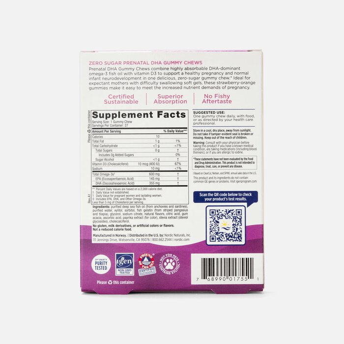 Nordic Naturals Zero Sugar Prenatal DHA Gummy Chews, 27 ct., , large