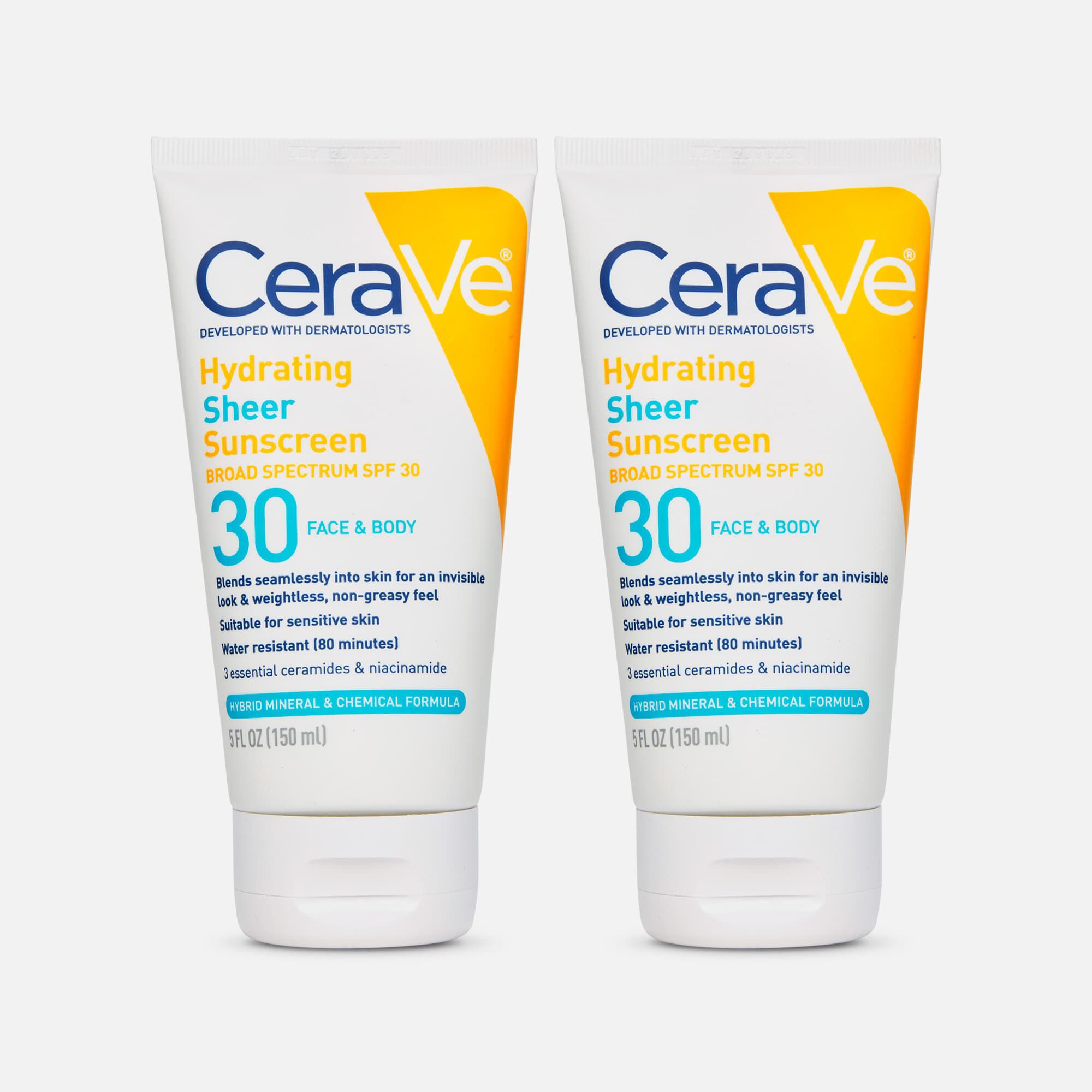 CeraVe Hydrating Sheer Face & Body Sunscreen Lotion, SPF 30, 5 fl oz. (2-Pack), , large
