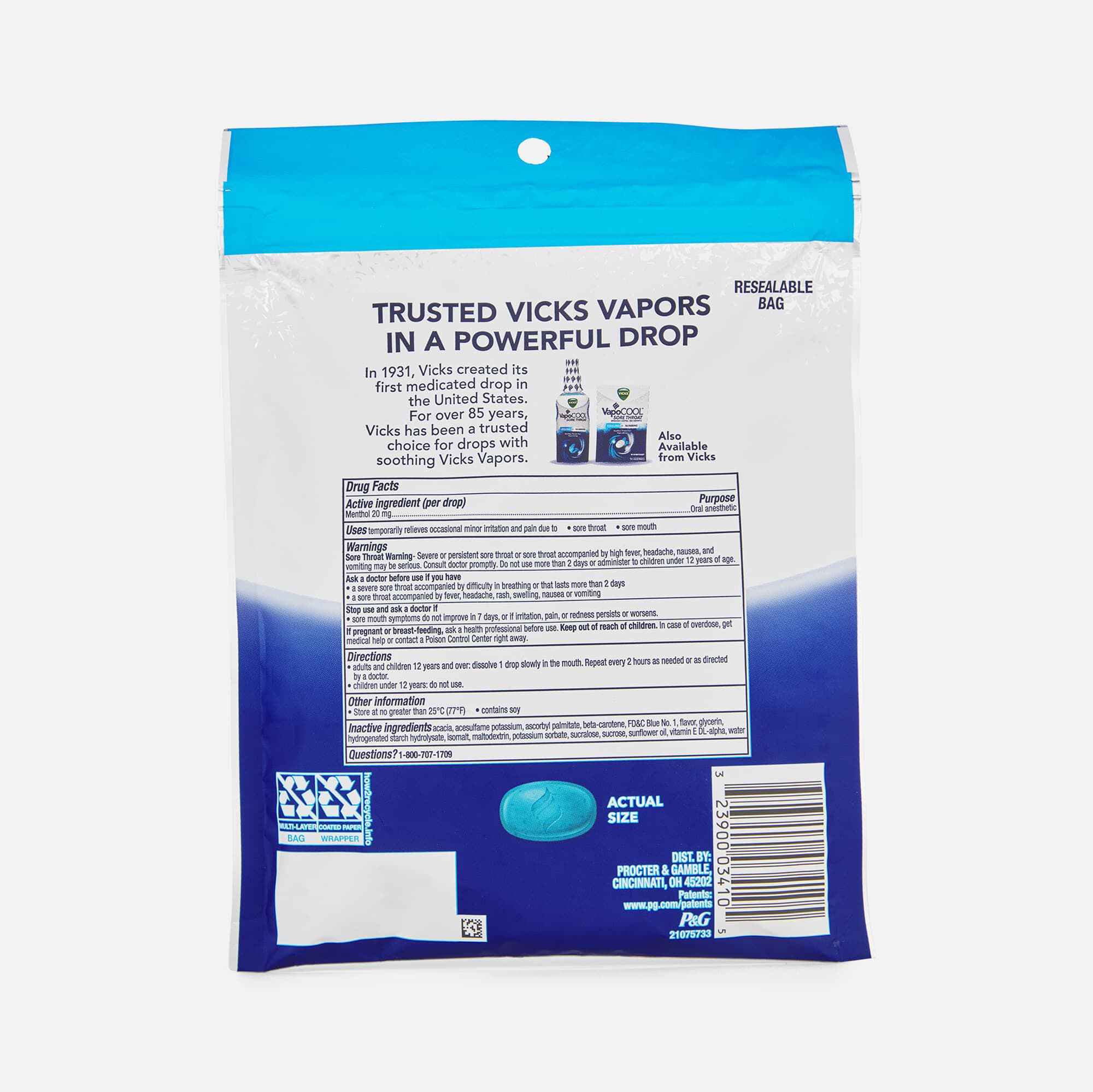 Vicks VapoCool Severe Sugar-Free Medicated Sore Throat Relief Drops, Winterfrost, 30 ct., , large