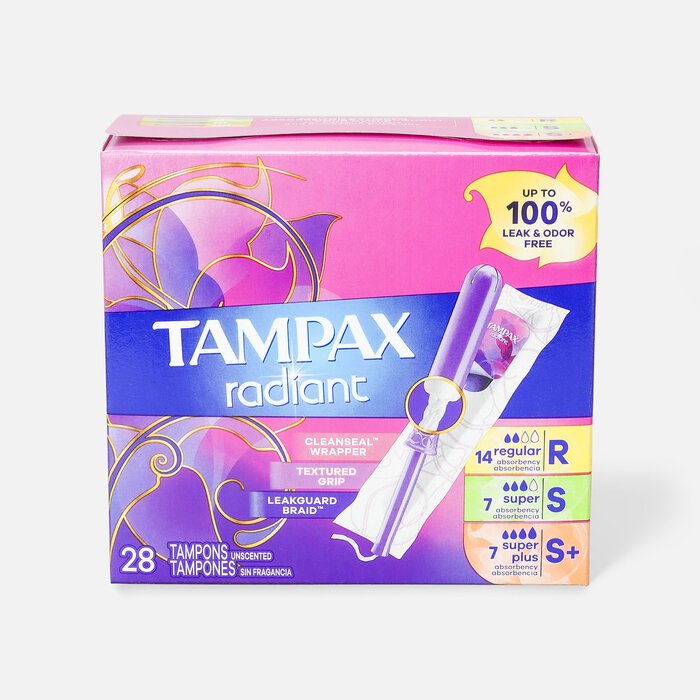 Tampax Radiant Tampons Trio Pack, Regular/Super/Super Plus Absorbency with BPA-Free Plastic Applicator and LeakGuard Braid, Unscented, 28 ct., , large