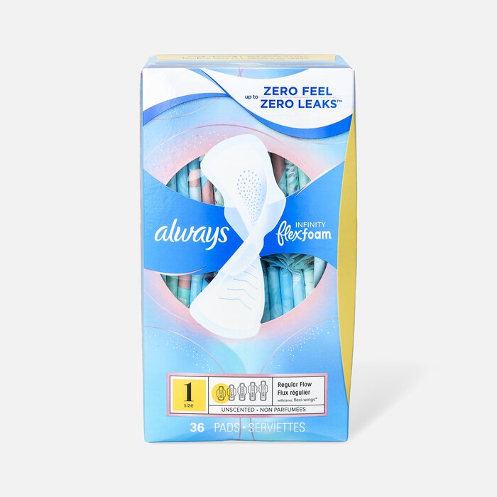 Always Infinity FlexFoam Pads for Women Size 1 Regular Absorbency, with Wings Unscented, 36 ct., , large
