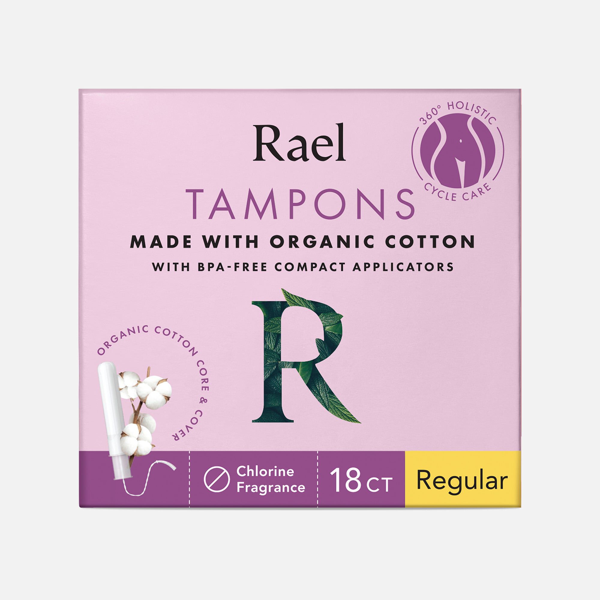 Rael Organic Cotton Core Tampons with Plant Based Compact Applicators - Regular, 18 ct., , large