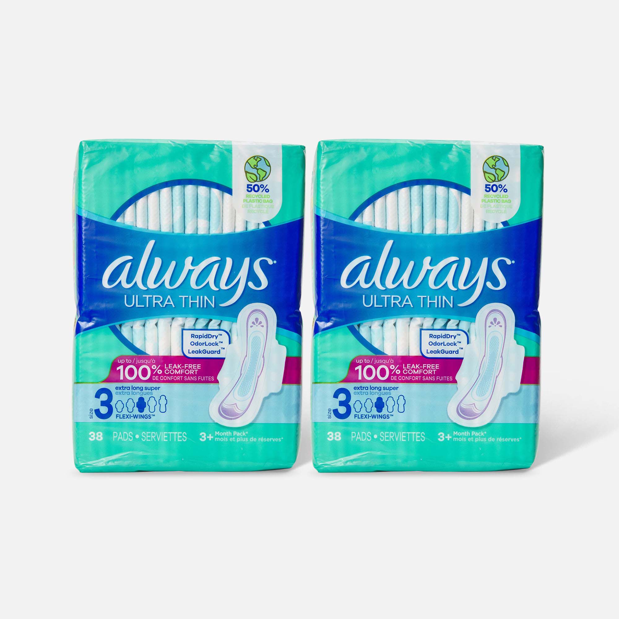 Always Ultra Thin Pads Extra Long Super Absorbency Unscented with Wings, Size 3, 38 ct. (2-Pack), , large