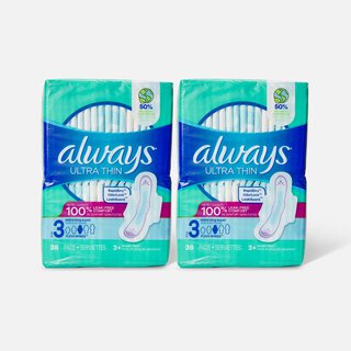 Always Ultra Thin Pads Extra Long Super Absorbency Unscented with Wings, Size 3, 38 ct. (2-Pack)