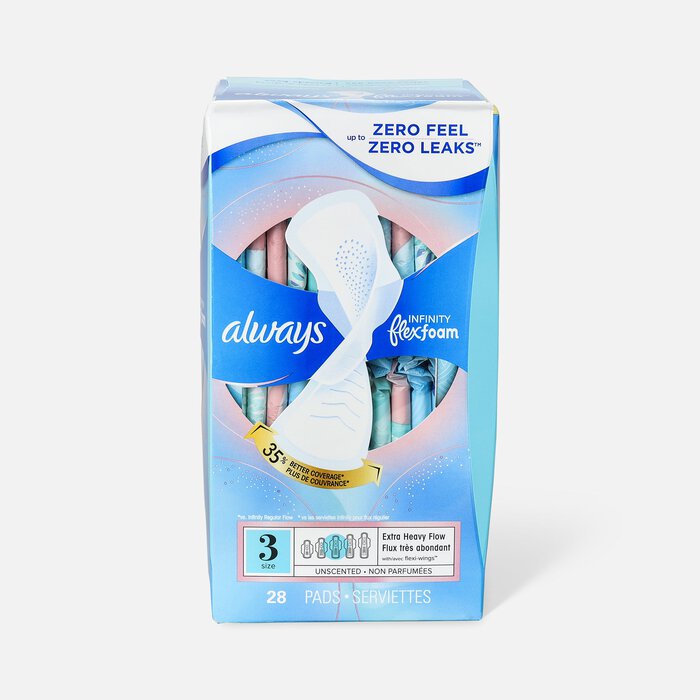 Always Infinity FlexFoam Pads for Women Size 3 Extra Heavy Flow Absorbency, with Wings Unscented, 28 ct., , large