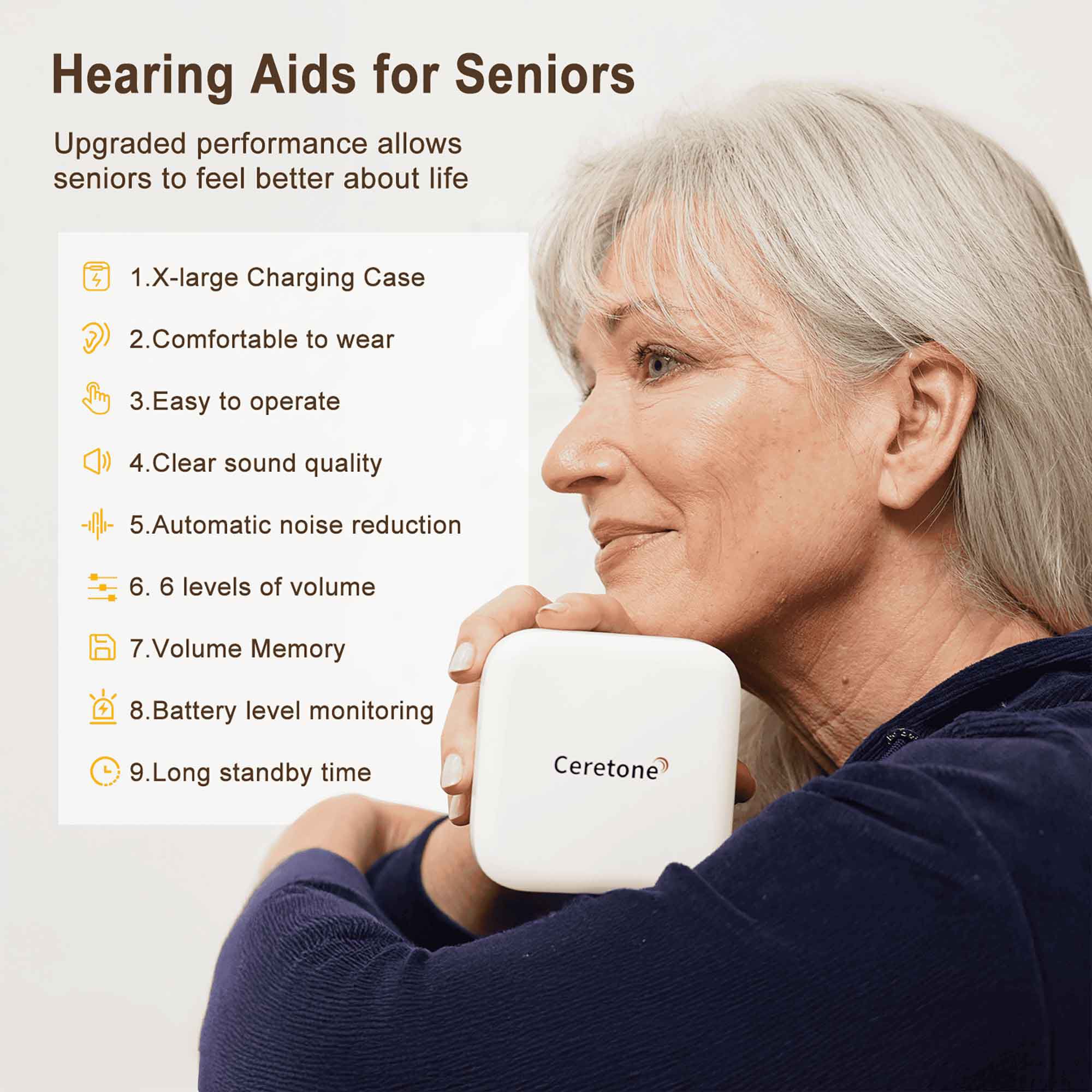 Ceretone Solid Rechargeable Behind-the-Ear OTC Hearing Aids, Pair, , large