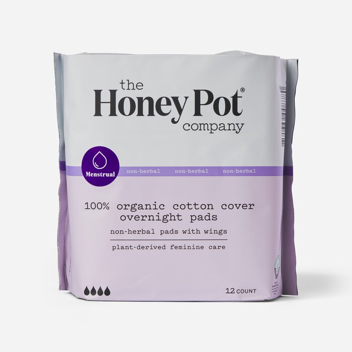 The Honey Pot 100% Organic Top Sheet Overnight Herbal Menstrual Pads with Wings, 12 ct., , large