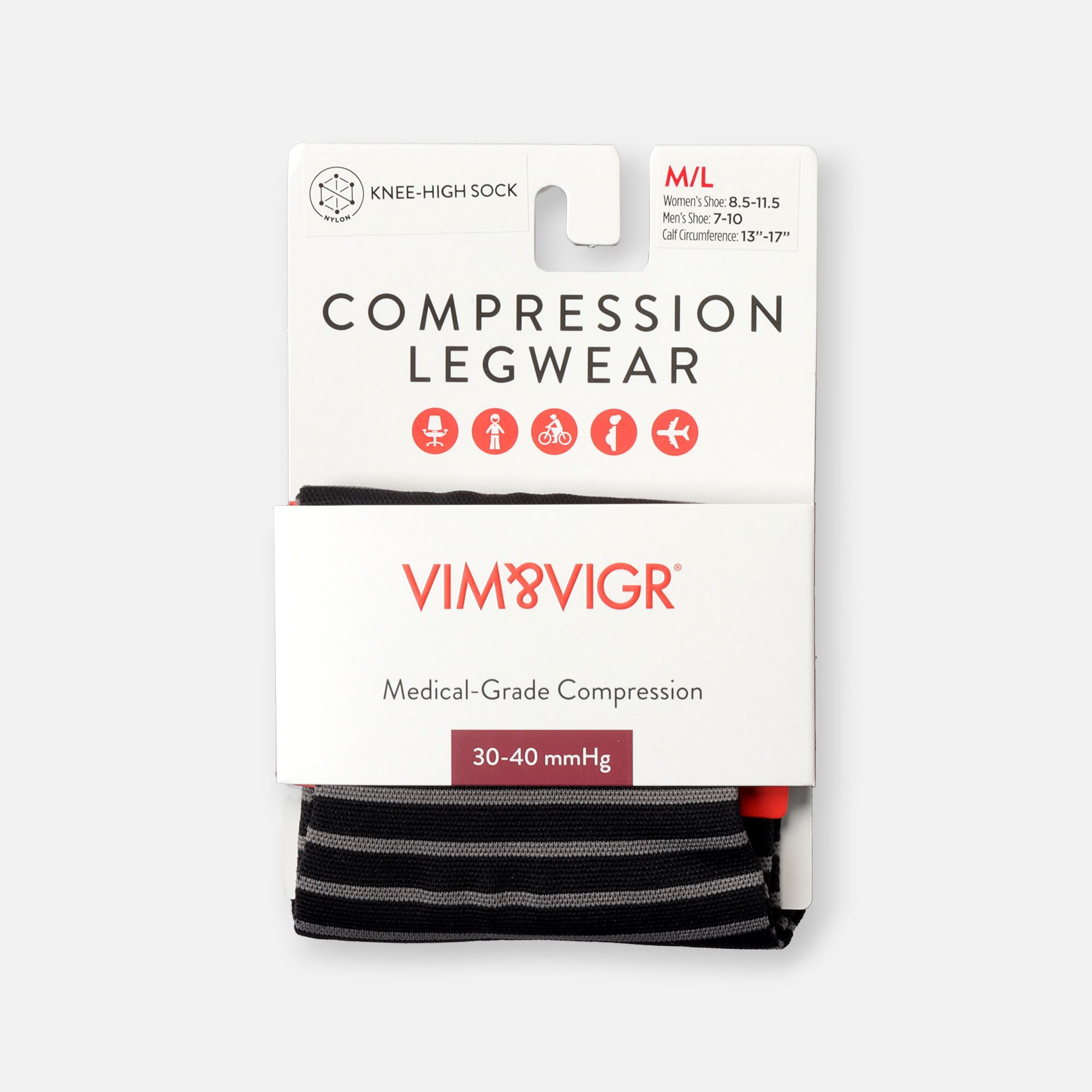 VIM & VIGR Nylon Compression Socks, Little Stripe Black & Gray, 30-40 mmHg, , large