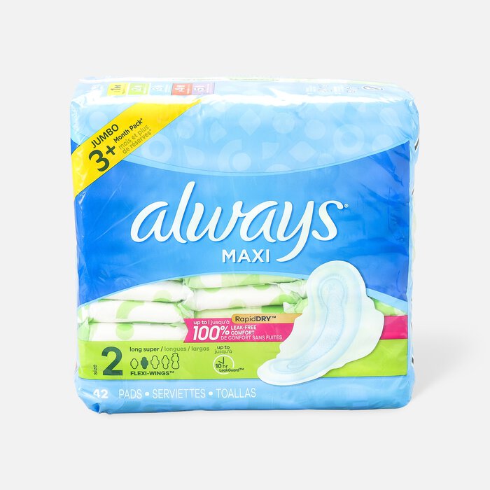Always Maxi Pads Size 2 Long Super Absorbency Unscented with Wings, 42 ct., , large