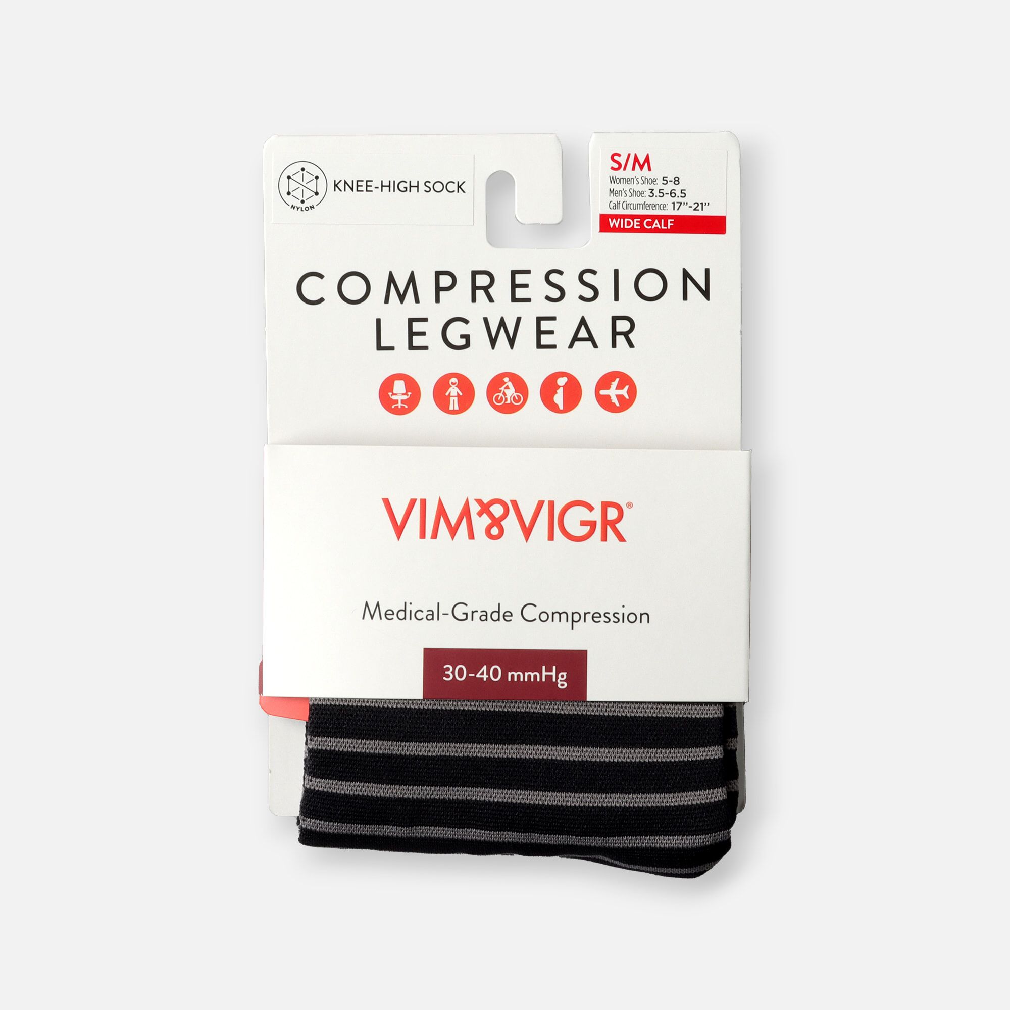 VIM & VIGR Nylon Compression Socks, Little Stripe Black & Gray, 30-40 mmHg, , large